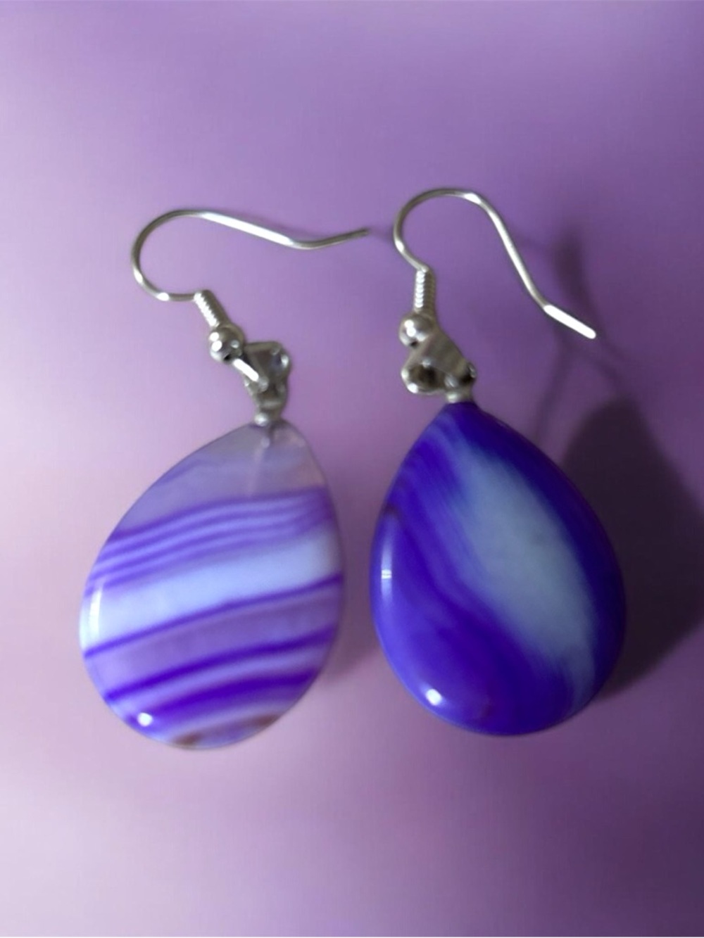 Purple Teardrop Agate Dangle Earrings -